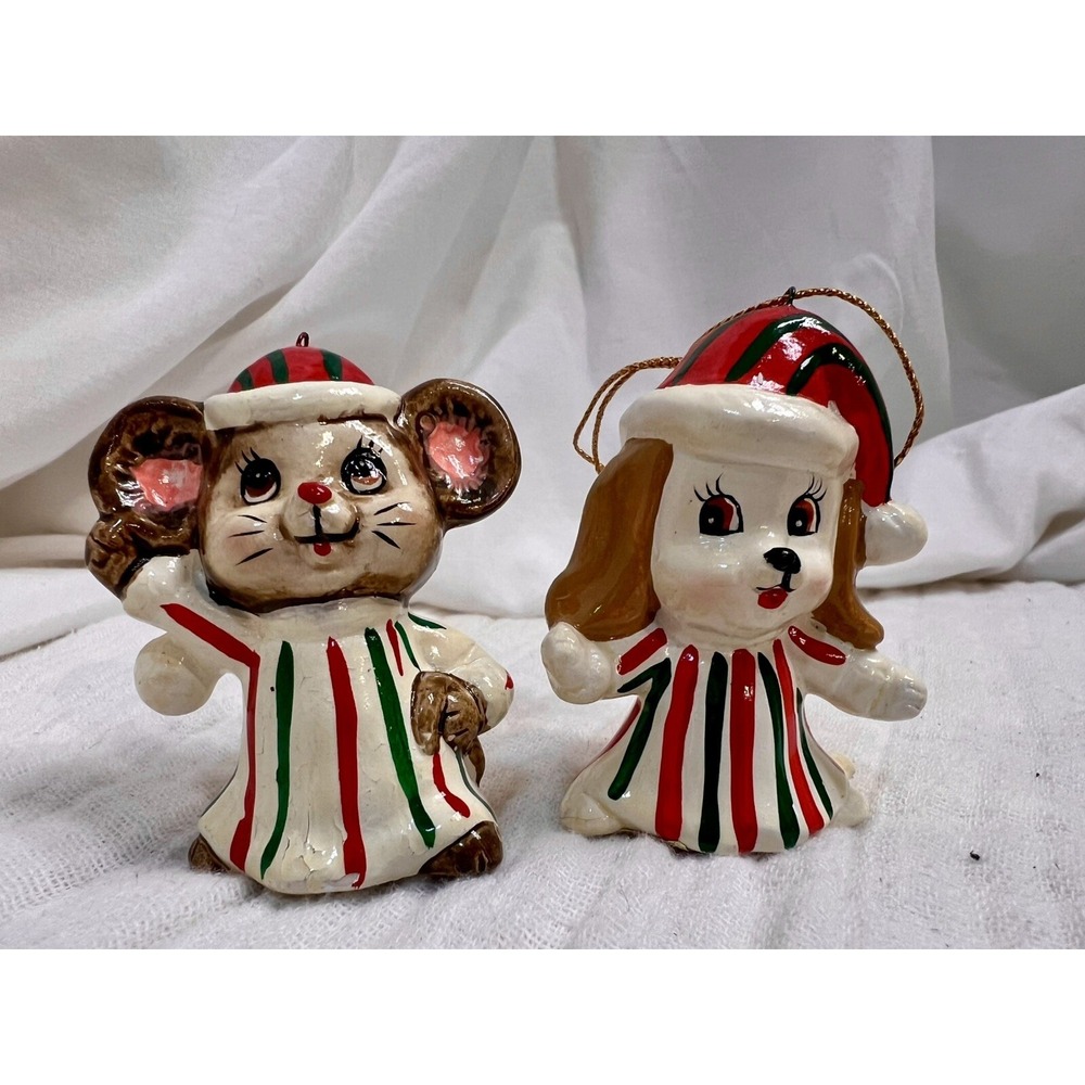 Lefton Puppy Dog and Mouse Christmas Kitsch Ornament Santa Hat Vintage Cuuute!!